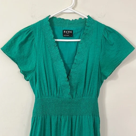 BCBG Paris Green V-Neck Cap Sleeve Tie Back Knee Length Dress 2 - Picture 2 of 11